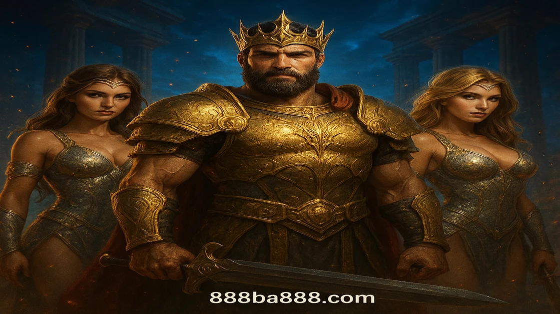 ba888 গেমিং প্ল্যাটফর্মে Olympus Gates-এ আপনাকে স্বাগতম জানাচ্ছেন শক্তিধর দেবতা জিউস ও দুই সুন্দর দেবী; পেছনে একটি বিশাল মন্দির দৃশ্যমান।